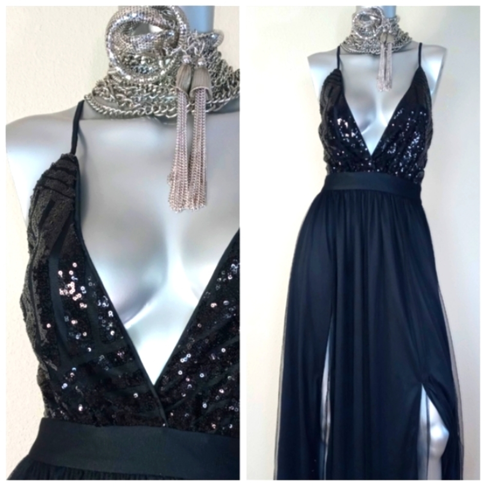 Black Sophisticated Cocktail Party Grunge Fairy Core Sequin Top Maxi Dress - Picture 2 of 16